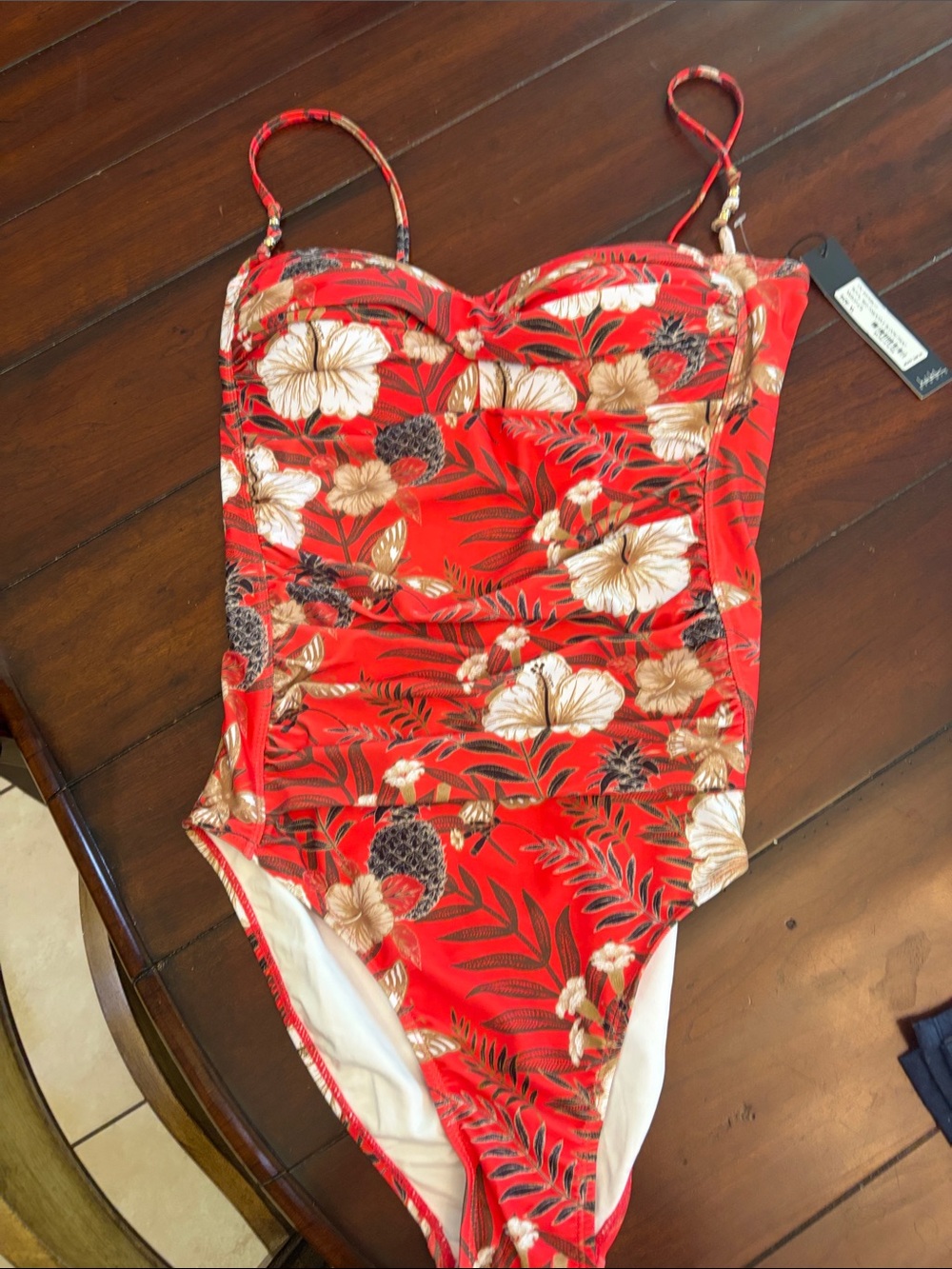Nicole Miller Red Floral One-Piece Swimsuit with Cream and Black Accents